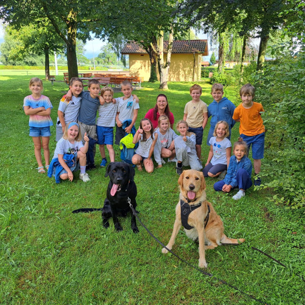 Hundeschule-Hundeliebe_Silke-Berges_Schulbegleithundausbildung_Enni grünes Klassenzimmer Im grünen Klassenzimmer der Walafried Strabo Grundschule auf der Insel Reichenau konnte Schulhund Enni zeigen, was sie alles kann. Außerdem hatten die Schüler Besuch von einem Rettungshund in Ausbildung. Das Thema war in diesem Fall "Berufe der Hunde"